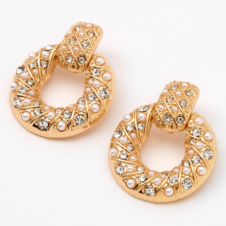 Gold 1&quot; Crystal Pearl Circle Door Knocker Drop Earrings,