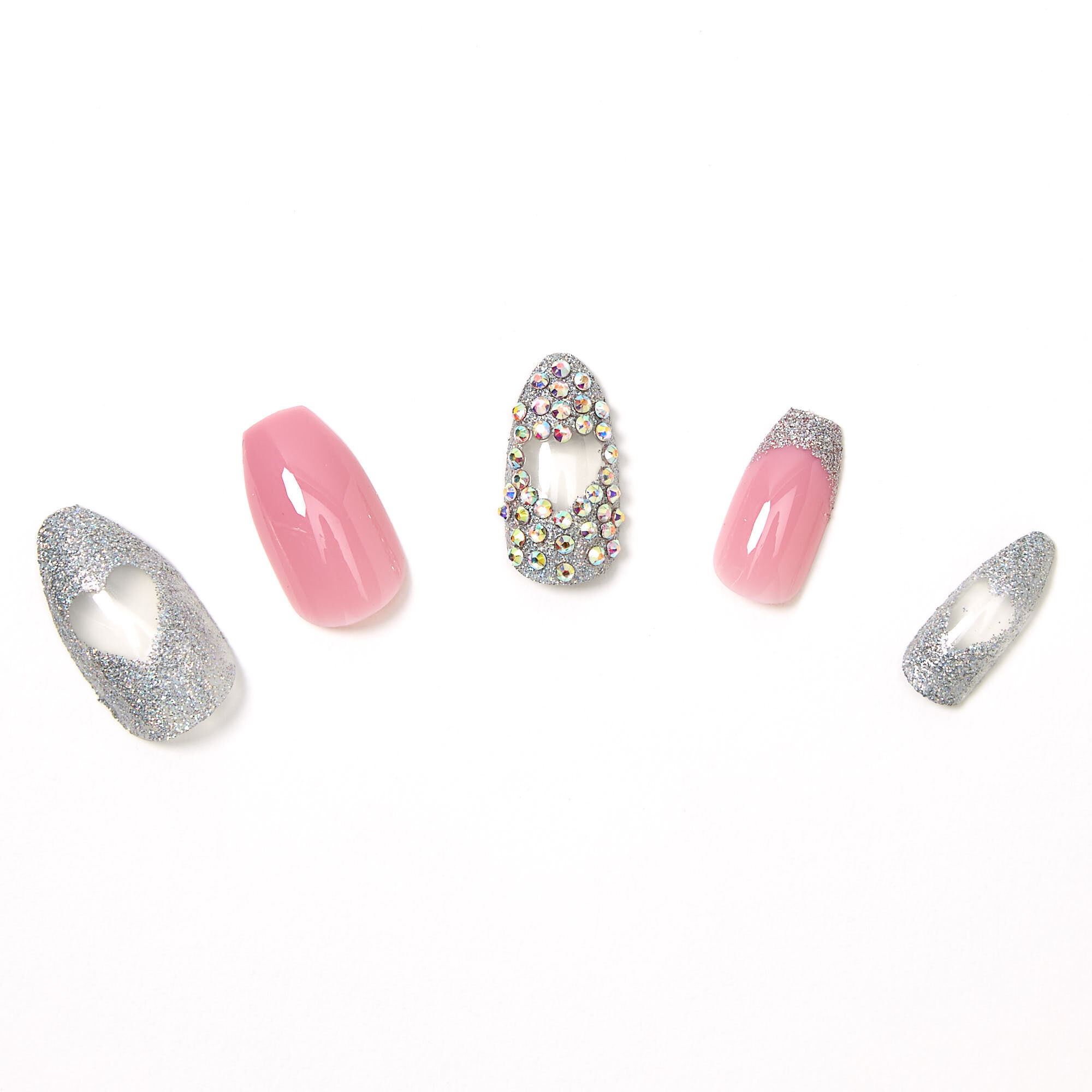 Bling Cut Out Heart Coffin Faux Nail Set - Pink, 24 Pack,