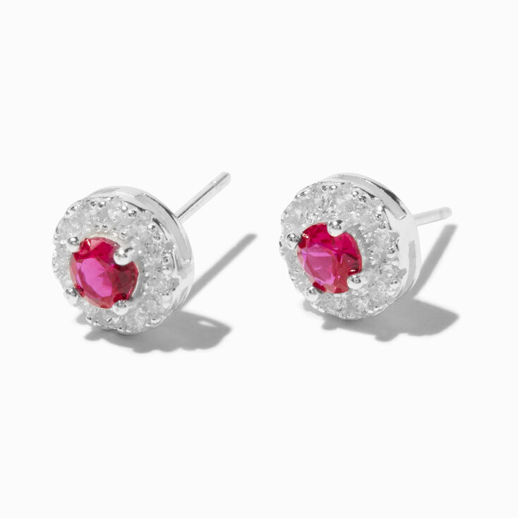 Sterling Silver 8MM Cubic Zirconia Ruby Halo Stud Earrings,