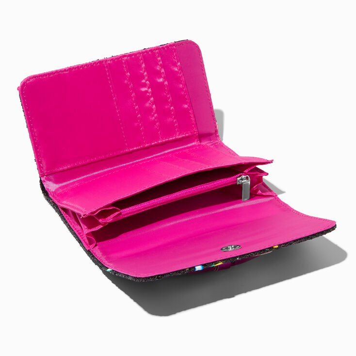 Faux Gem Pink Bow Black Glitter Wallet,