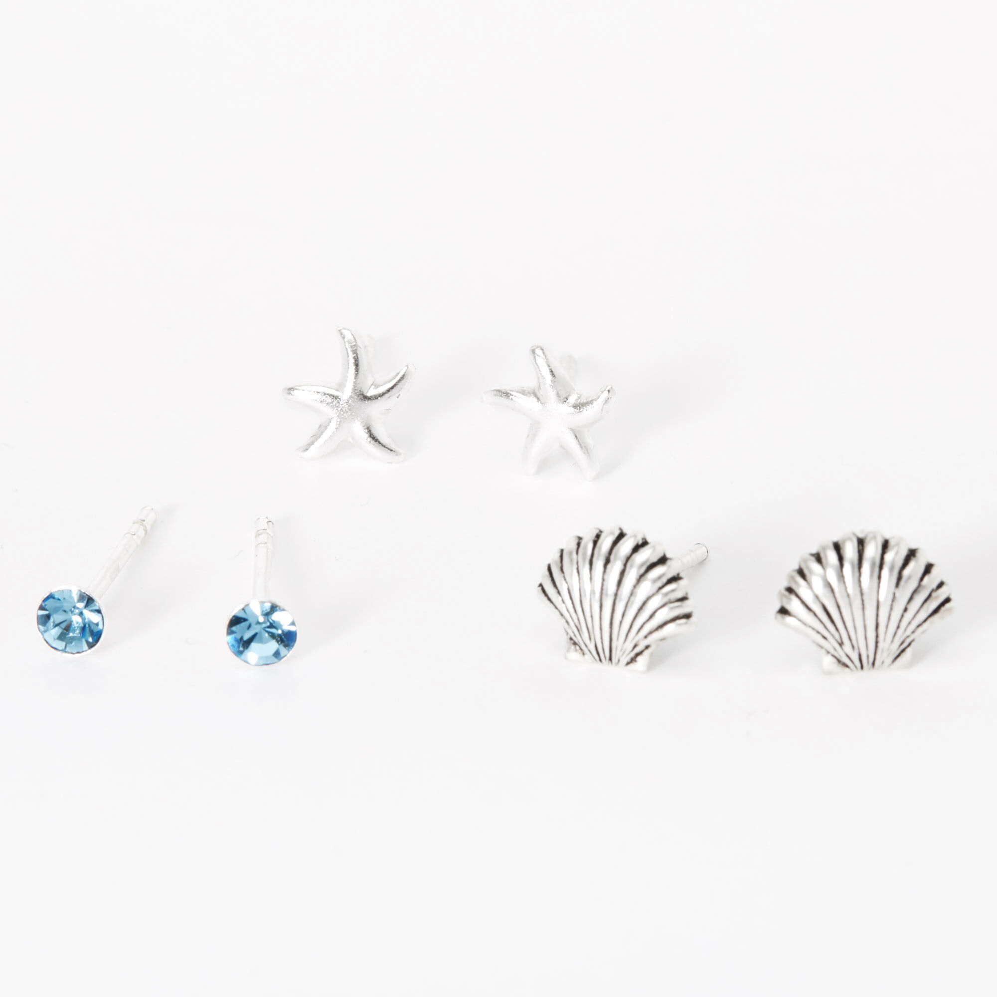 Blue Sterling Silver Seashell Starfish Stud Earrings - 3 Pack,