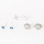 Blue Sterling Silver Seashell Starfish Stud Earrings - 3 Pack,