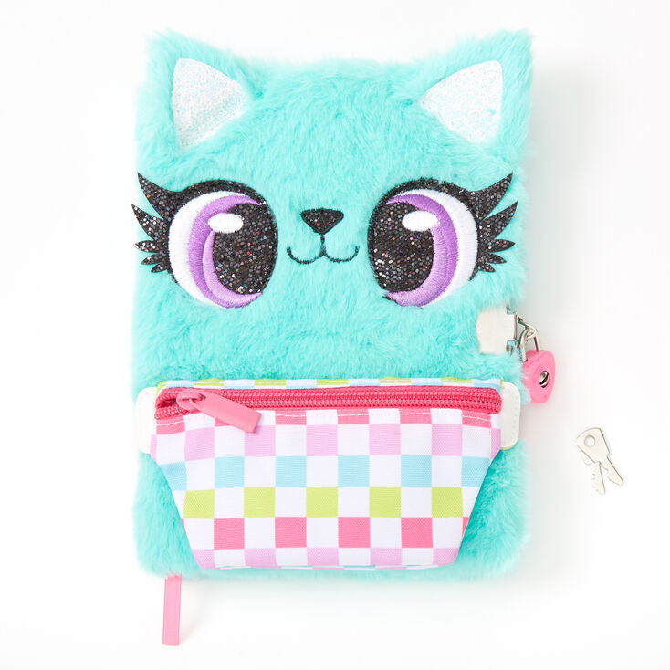 Claire's Journal intime à cadenas sac banane à carreaux chat en peluche - Vert menthe