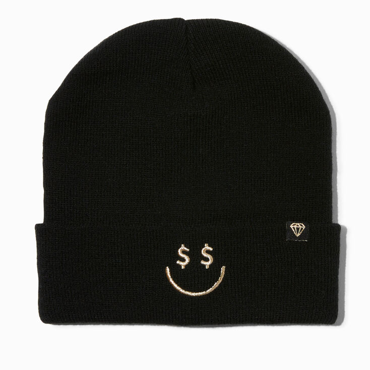 Dollar Sign Happy Face Black Beanie Hat,