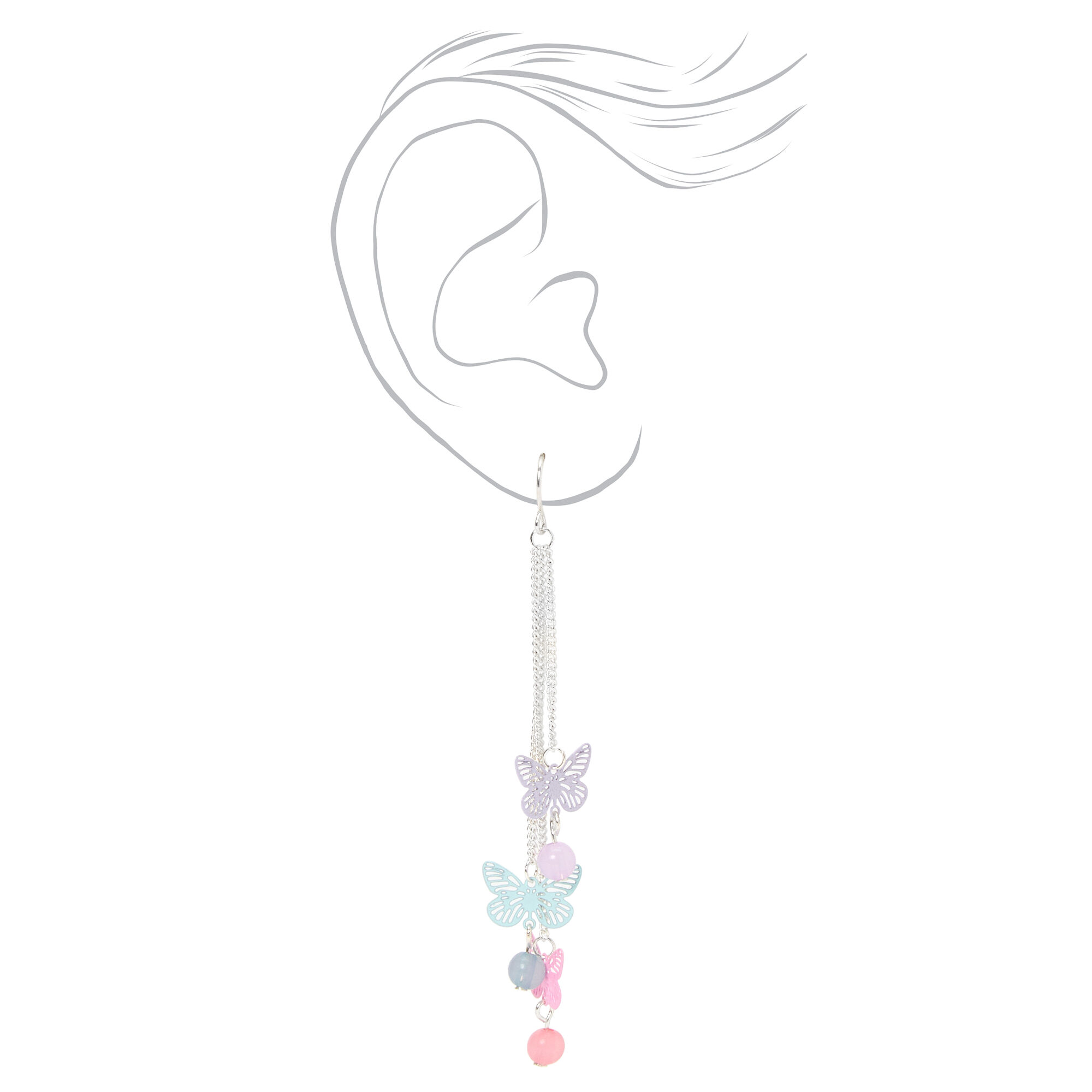 Silver 3" Triple Butterfly Pastel Linear Drop Earrings,