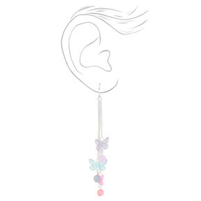 Pendantes lin&eacute;aires pastel triple papillon 8&nbsp;cm couleur argent&eacute;e,