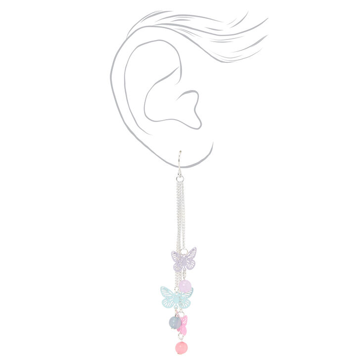 Silver 3&quot; Triple Butterfly Pastel Linear Drop Earrings,