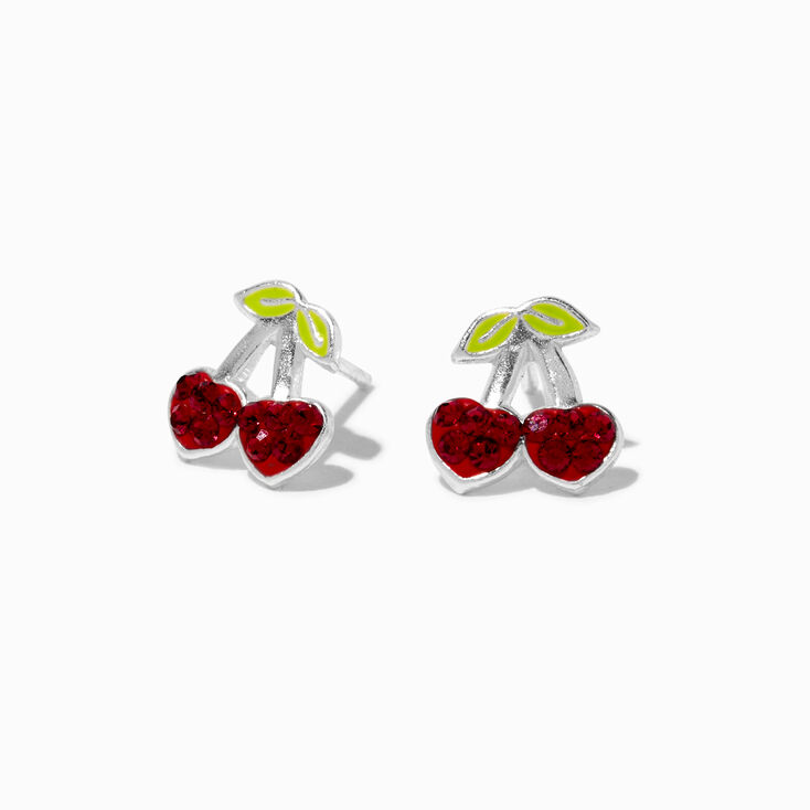 Clous d&#39;oreilles cerise c&oelig;ur strass couleur argent&eacute;e,