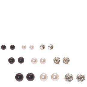 Graduated Crystal, White &amp; Black Pearl Stud Earrings - 9 Pack,