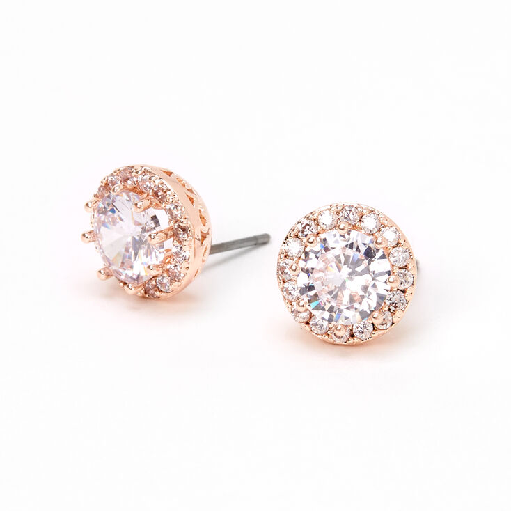 Rose Gold Round Cubic Zirconia Halo Stud Earrings,
