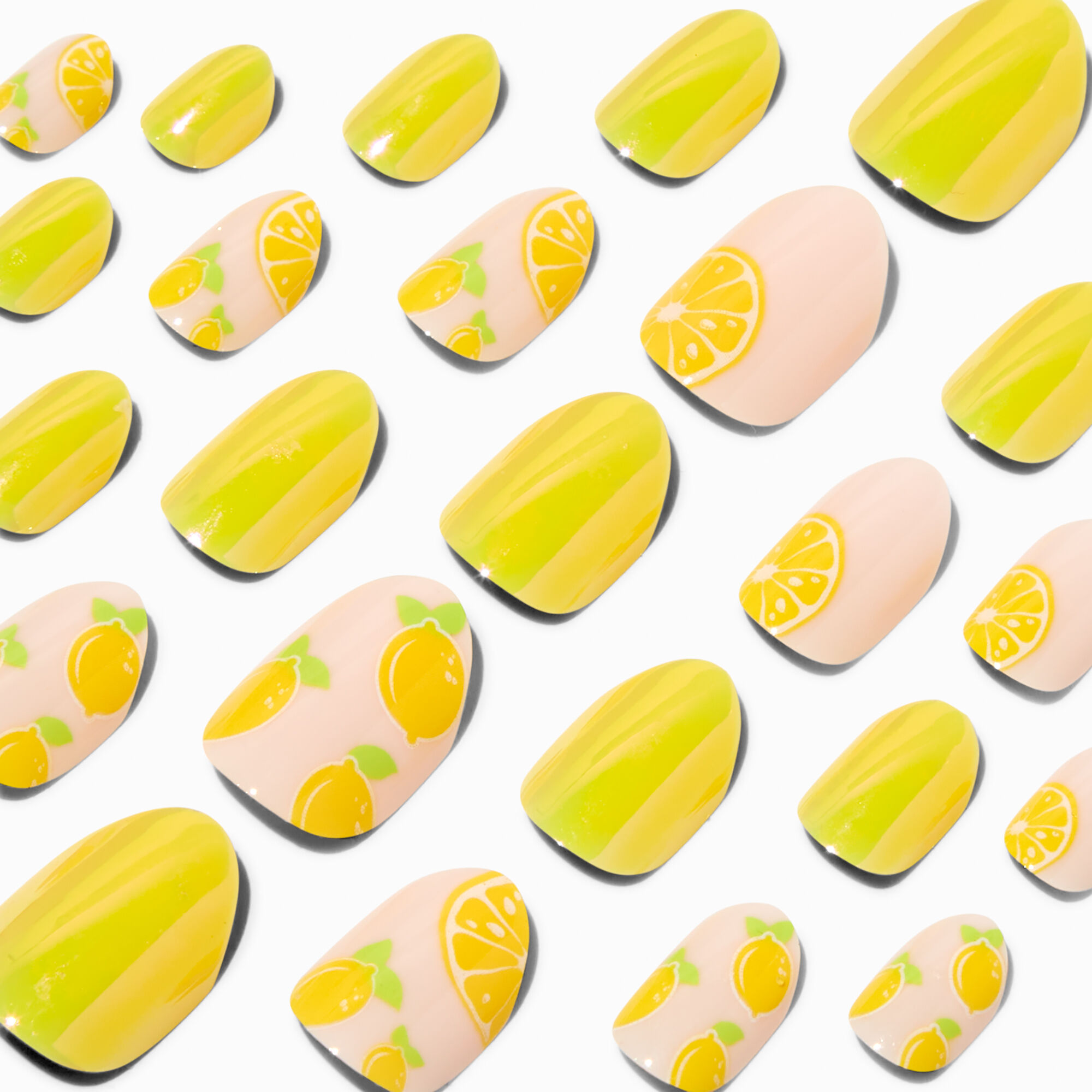 Faux ongles autocollants vegan ronds imprimé citron - Lot de 24,