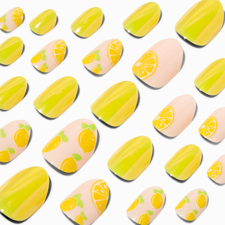 Lemon Print Round Vegan Press On Faux Nail Set - 24 Pack,