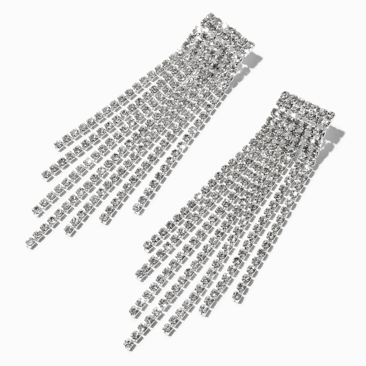 Silver Rhinestone 3&quot; Pyramid Fringe Drop Earrings,