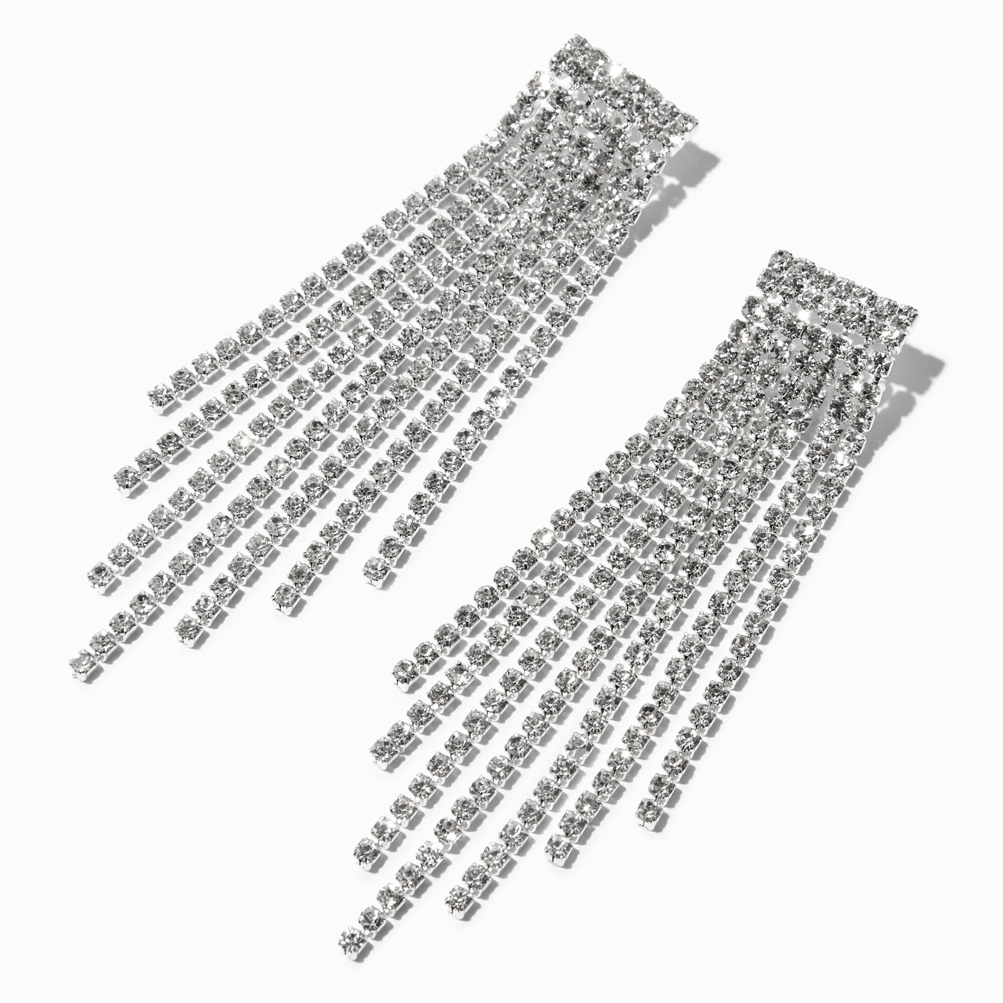 View Claires Rhinestone 3 Pyramid Fringe Drop Earrings Silver information