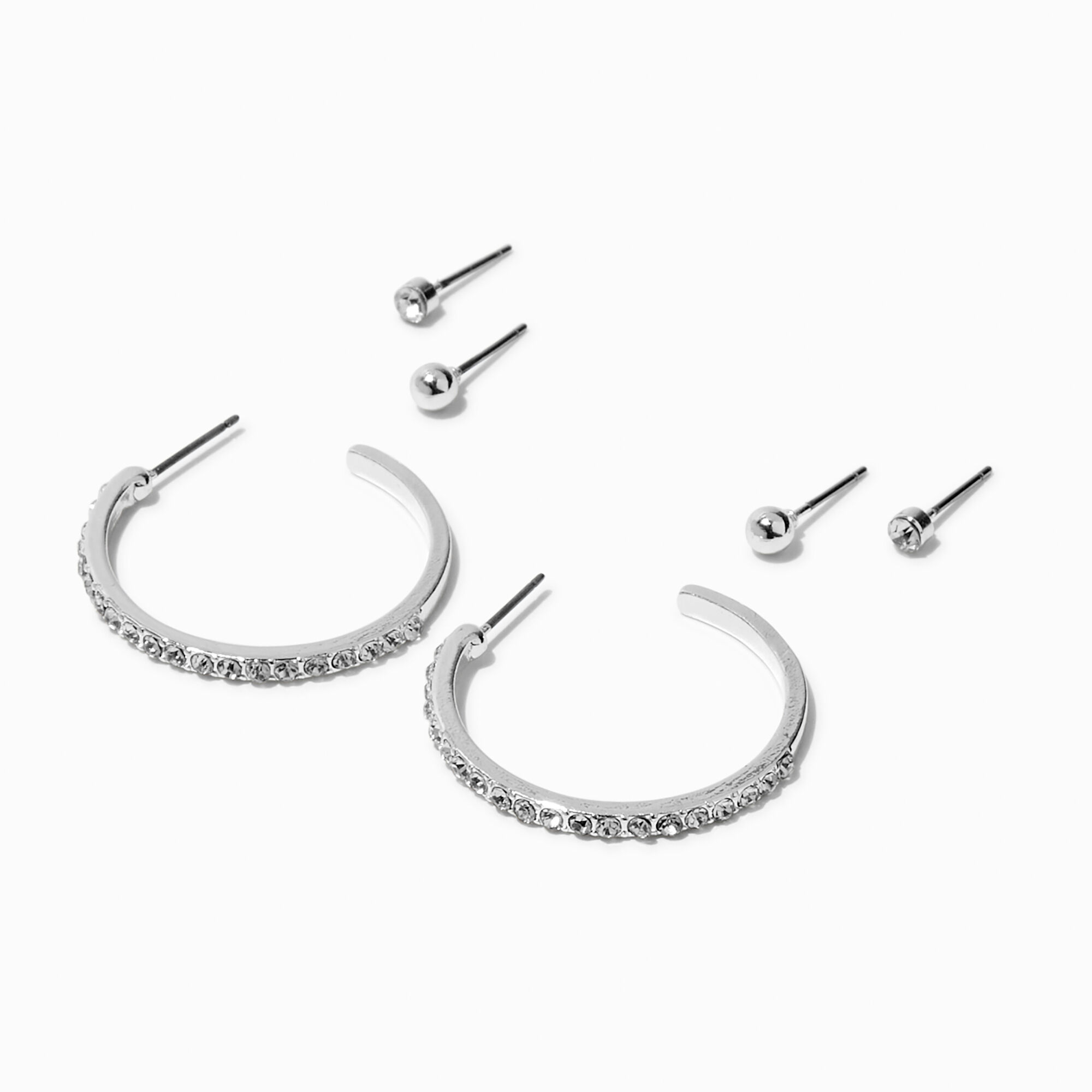 Silver tone Crystal 25MM Hoop Earrings Stack 3 Pack Claire s US