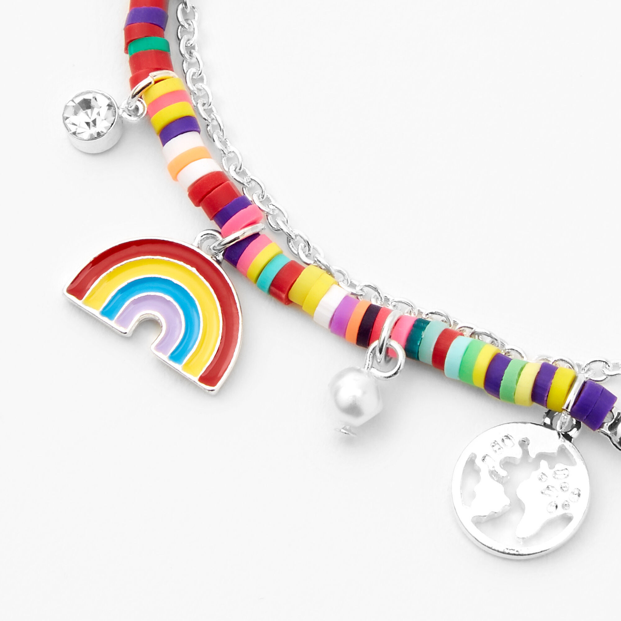 Silver Rainbow Disc & Mixed Charm Double Chain Bracelet,