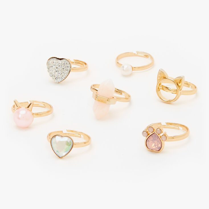 Claire&#39;s Club Rose Gold Cat Gemstone Rings - 7 Pack,