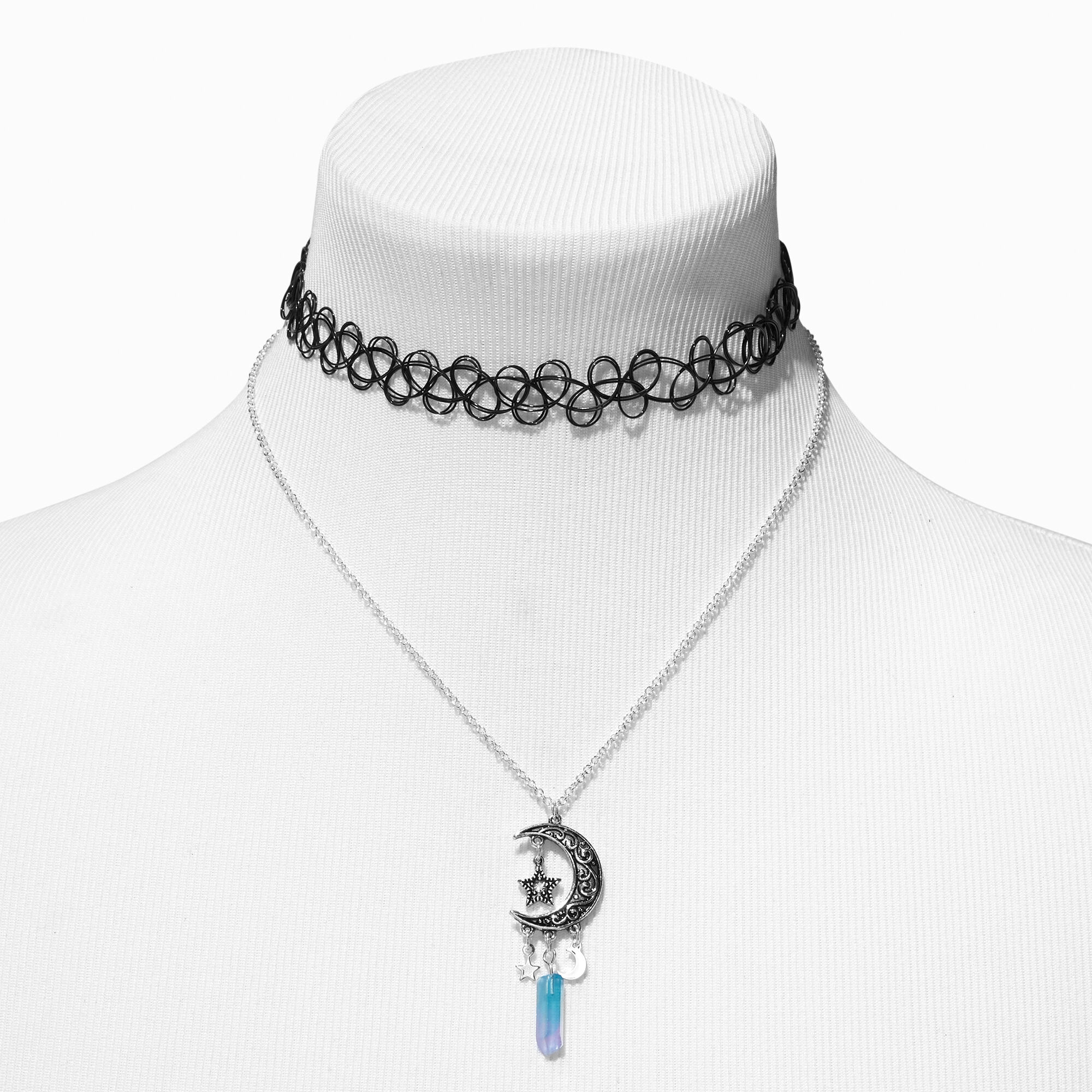 View Claires Crescent Moon Mystical Gem Pendant Black Tattoo Choker Necklaces 2 Pack Blue information