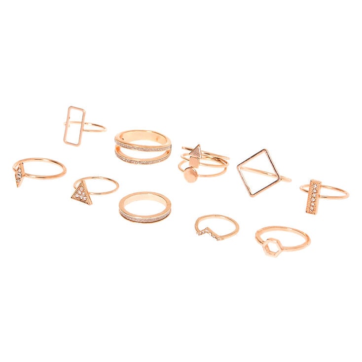 Claire's Bagues géométriques pailletées couleur doré rose - Lot de 10