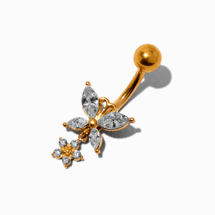Gold-tone Titanium Cubic Zirconia Butterfly Dangle 14G Belly Bar,