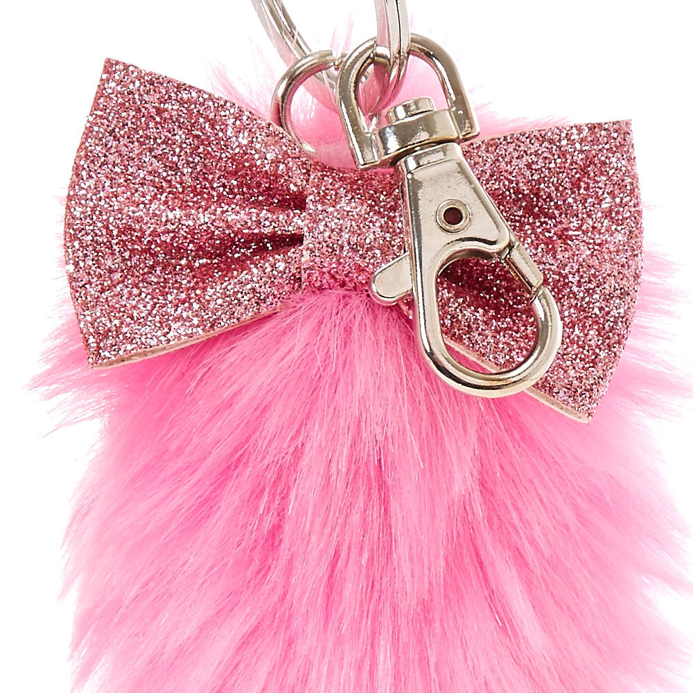 Porte-clés avec queue de renard en peluche rose et blanc,