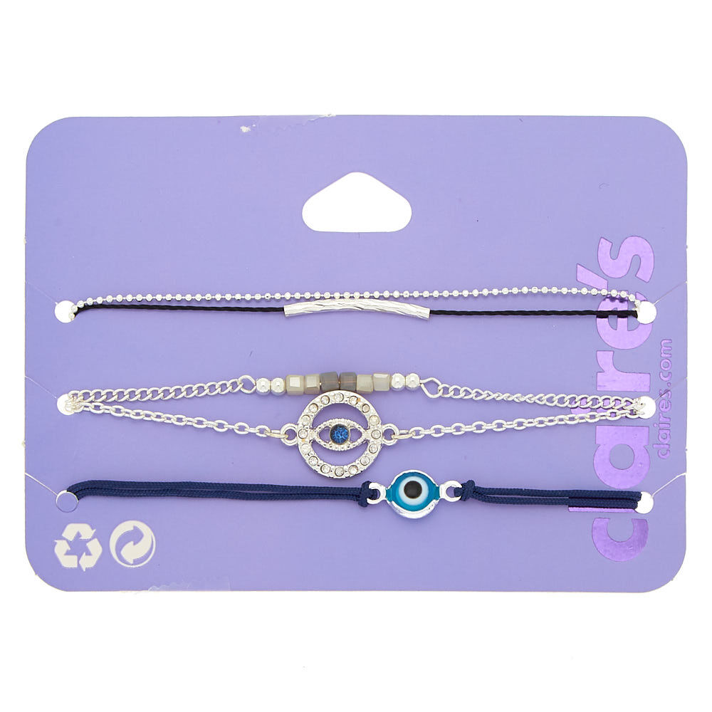 Silver Evil Eye Chain Bracelets - 5 Pack,