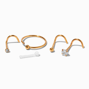 20G Gold-tone Stainless Steel Mixed Nose Studs &amp; Hoop - 6 Pack,