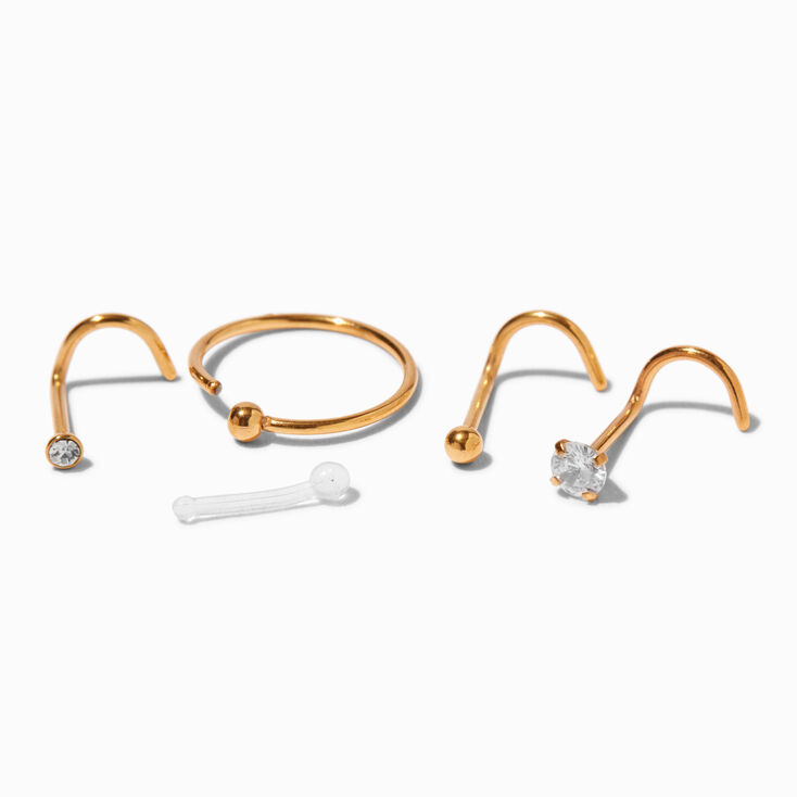 20G Gold-tone Stainless Steel Mixed Nose Studs &amp; Hoop - 6 Pack,