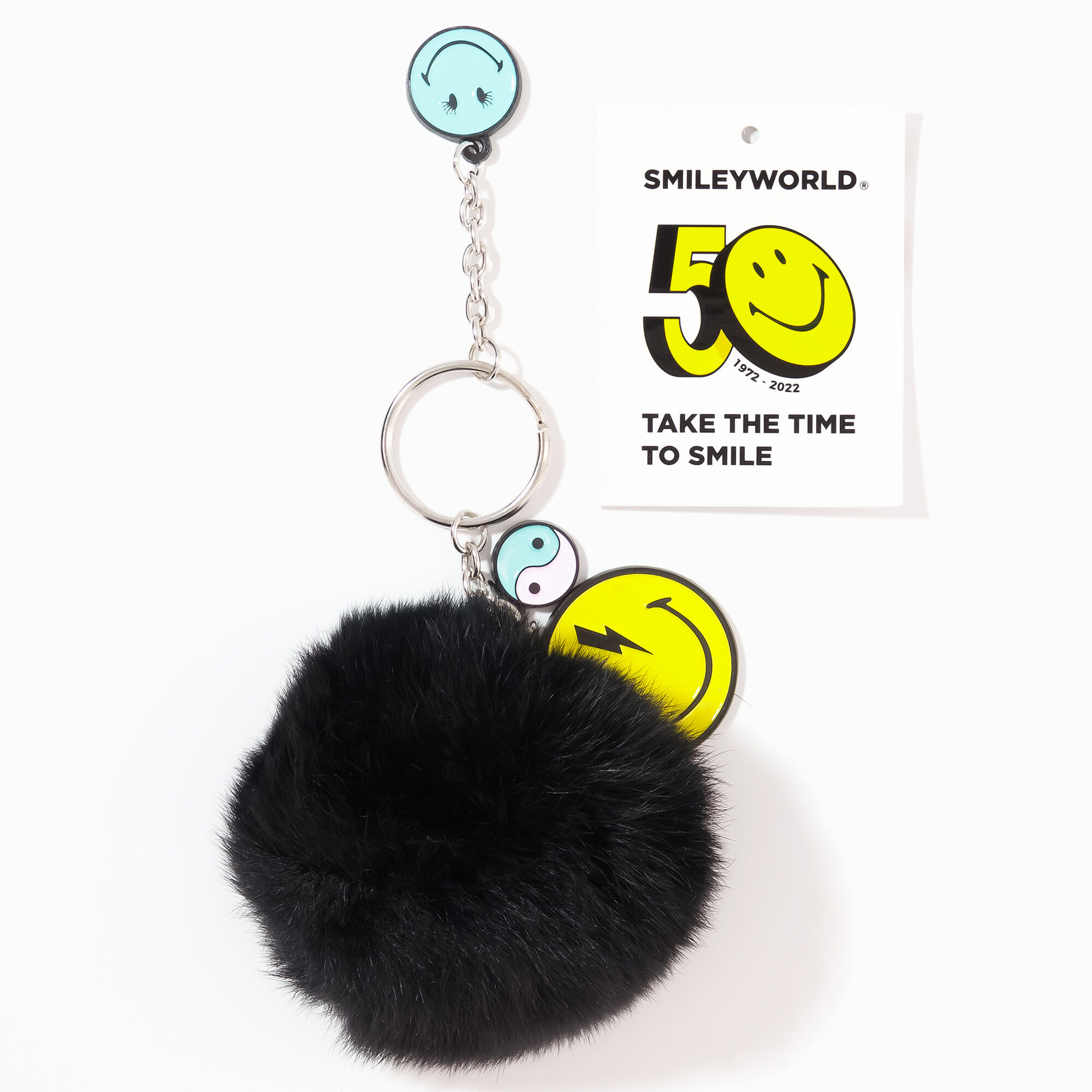 View Claires Smiley World Pompom Keyring Black information