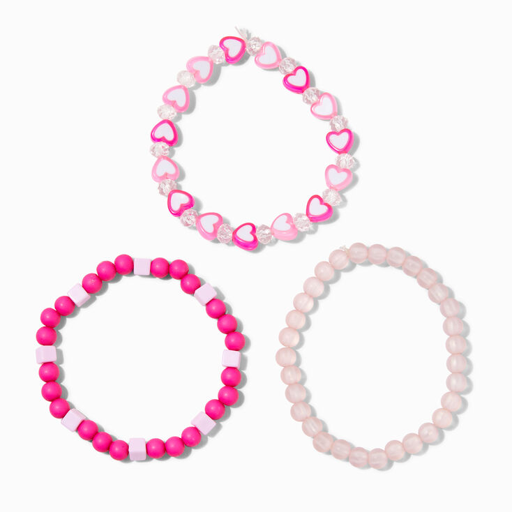 Pink Heart Beaded Stretch Bracelets - 3 Pack,