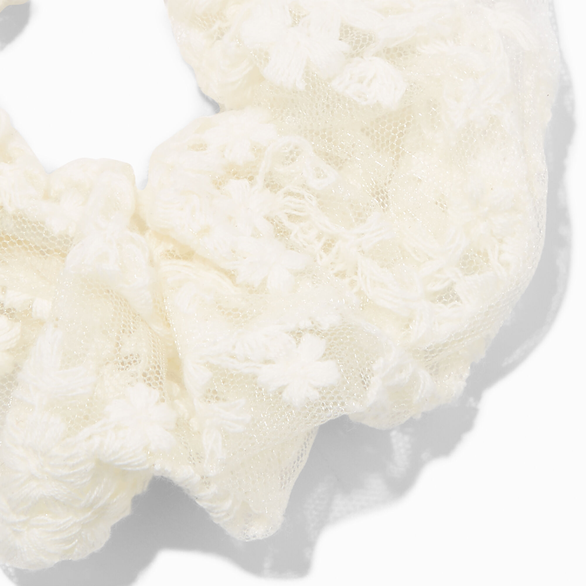 Embroidered Floral Mesh Hair Scrunchie - White,