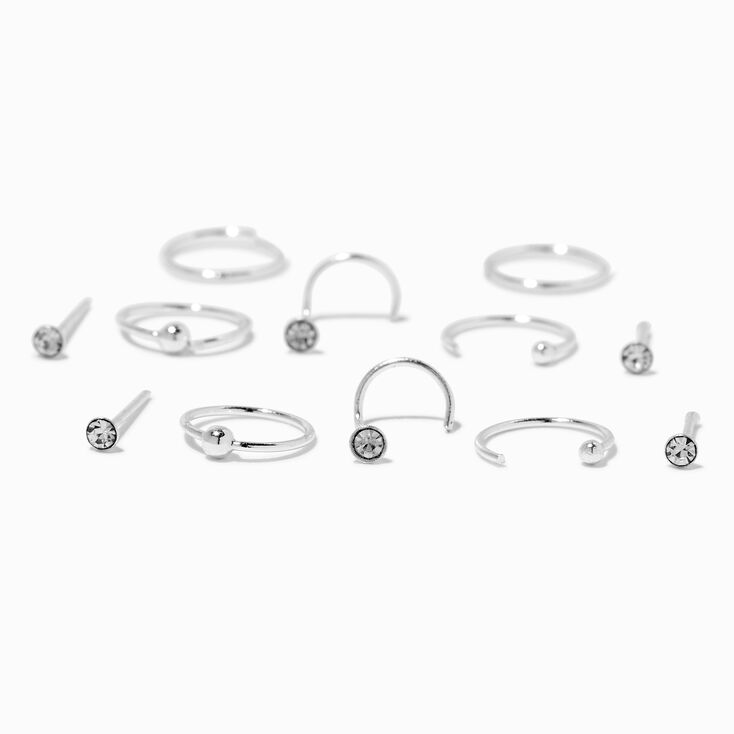 22G Sterling Silver Crystal Nose Studs &amp; Hoops - 12 Pack,