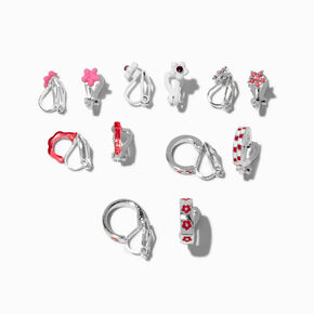 Pink Flowers &amp; Checks Clip-On Earring Set - 6 Pack,