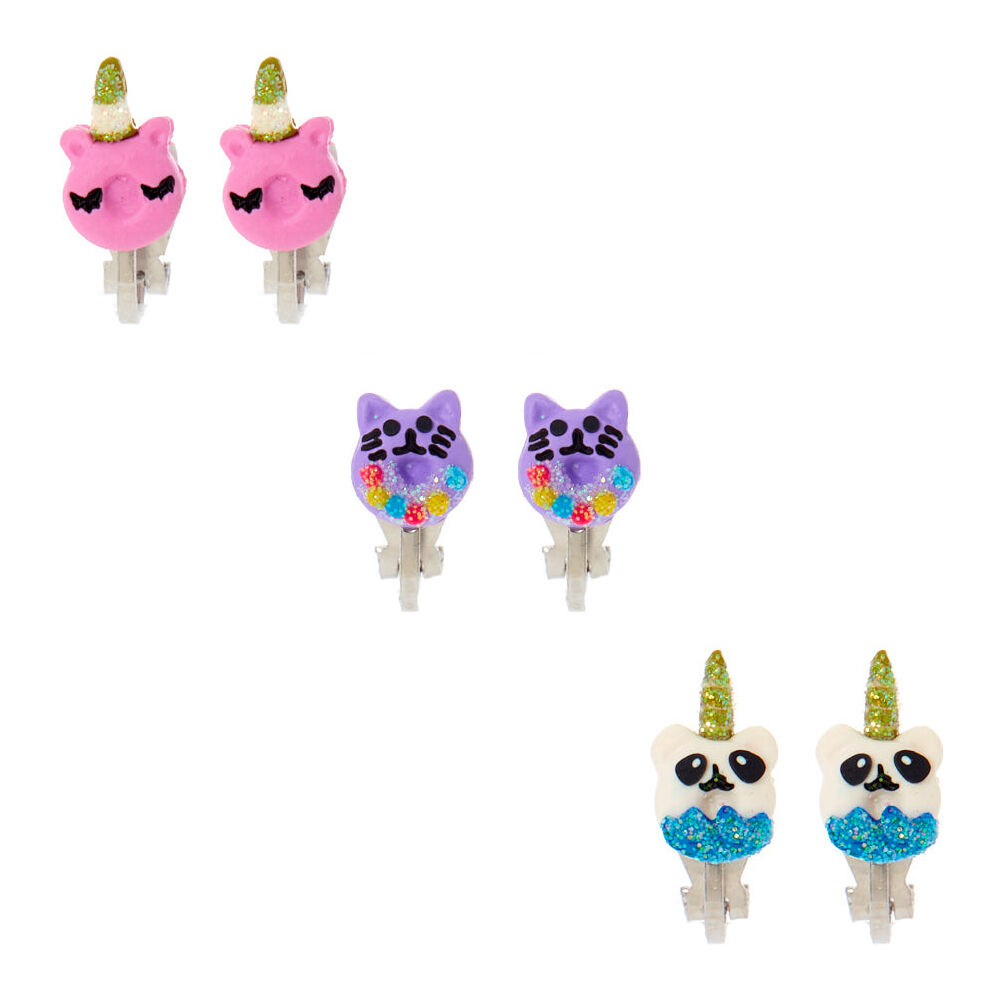 Glitter Animal Donut Clip On Earring Set 3 Pack