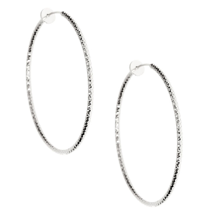 Silver 50MM Textured Clip On Hoop Earrings,
