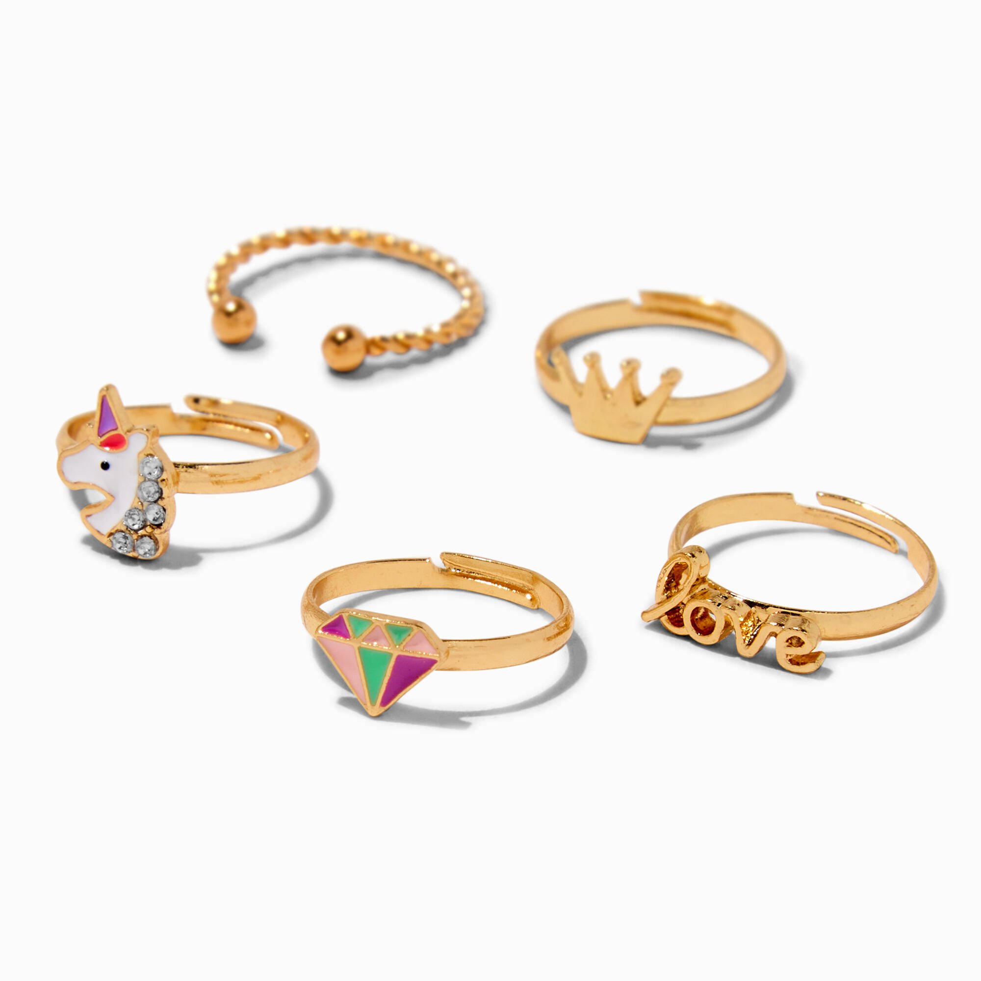View Claires Tone Unicorn Gem Rings 5 Pack Gold information