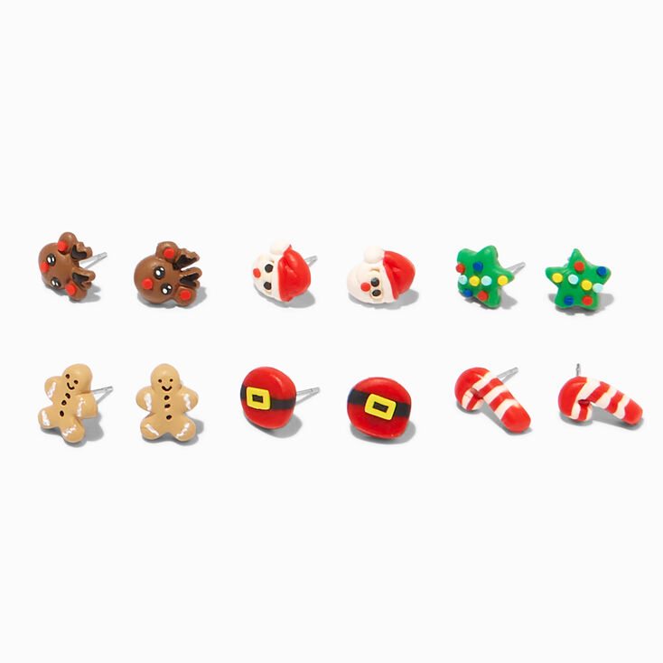 Christmas Gingerbread, Reindeer, Peppermint Swirl Mixed Stud Earrings - 6 Pack,