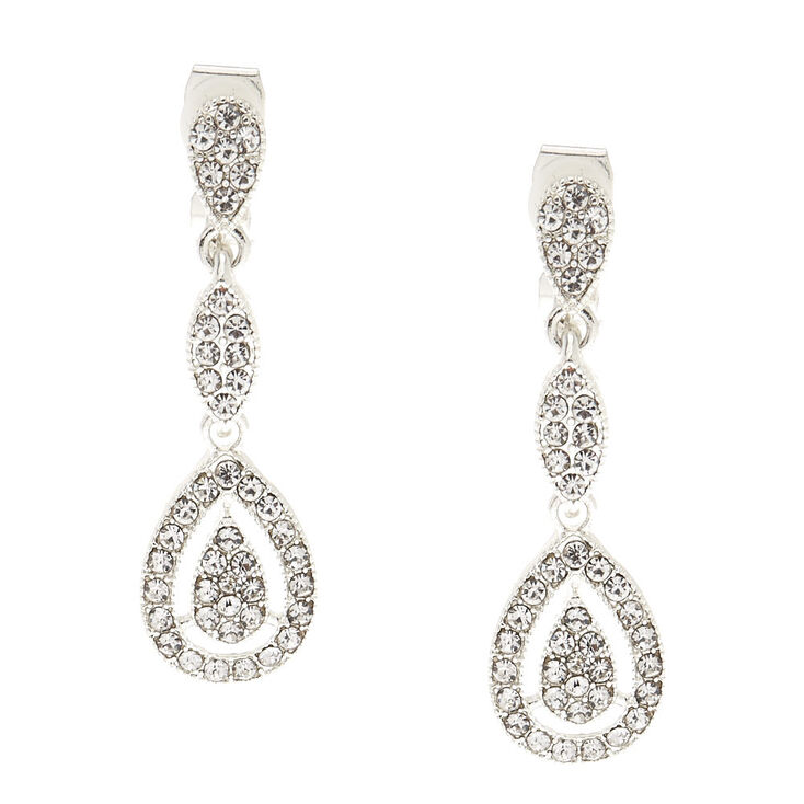 Silver Tone Faux Crystal Teardrop Clip On Drop Earrings Claire S Us Silver Tone Faux Crystal Teardrop Clip On Drop Earrings