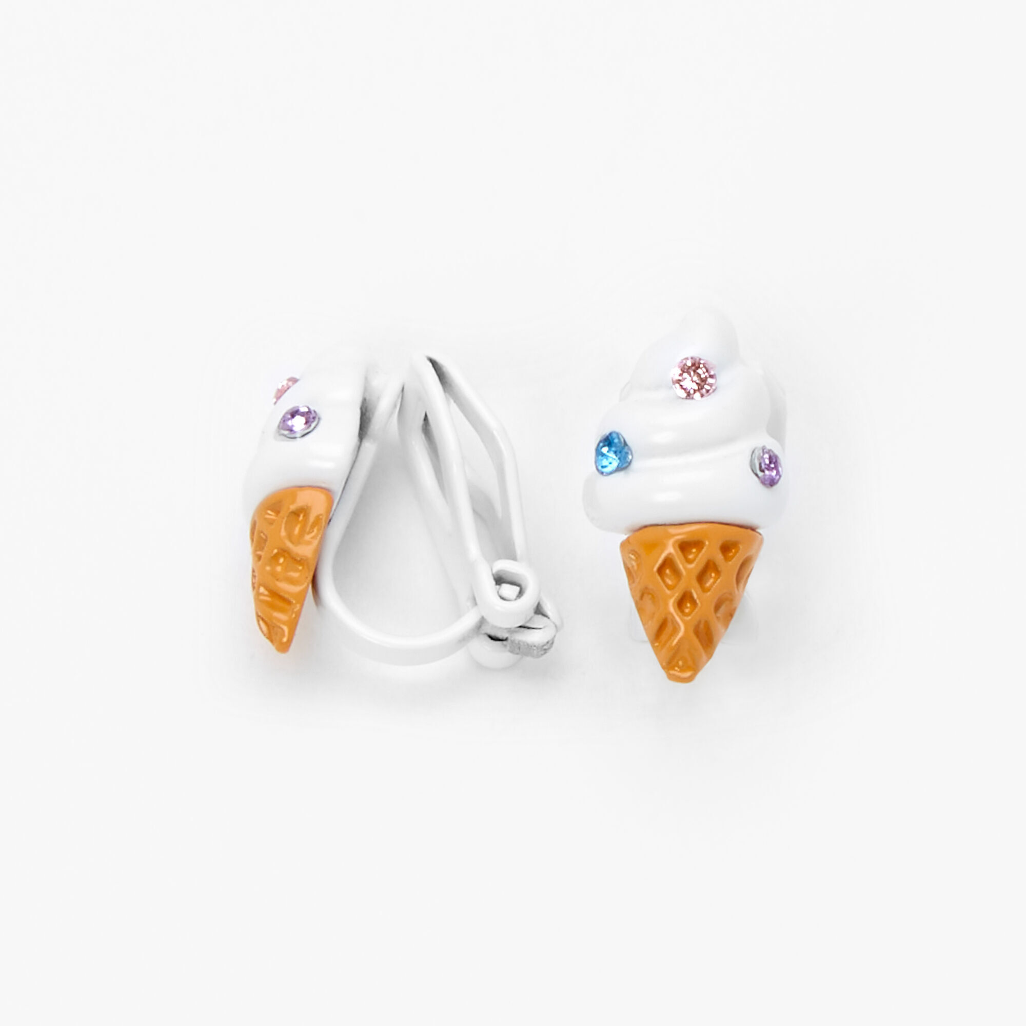 Silver Ice Cream Cone Crystal Clip On Stud Earrings