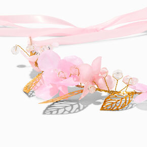 Gold-tone Metallic Leaf Pink Flower Crown Tie Headwrap,