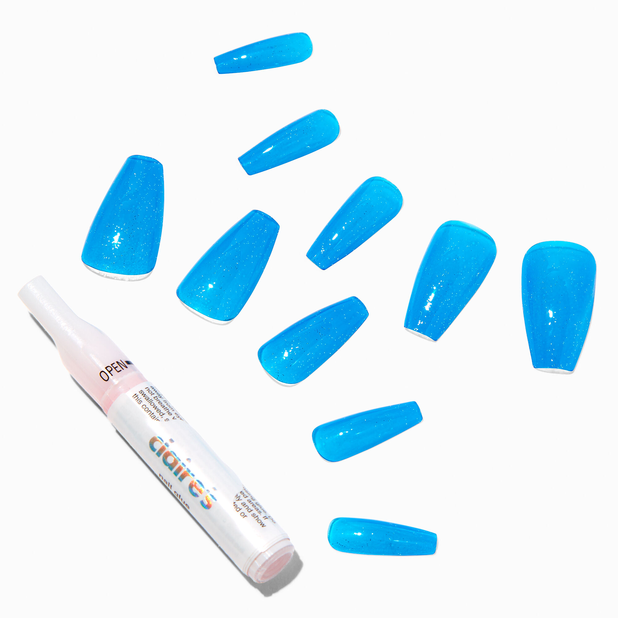 View Claires Glitter Jelly Squareletto Vegan Faux Nail Set 24 Pack Blue information