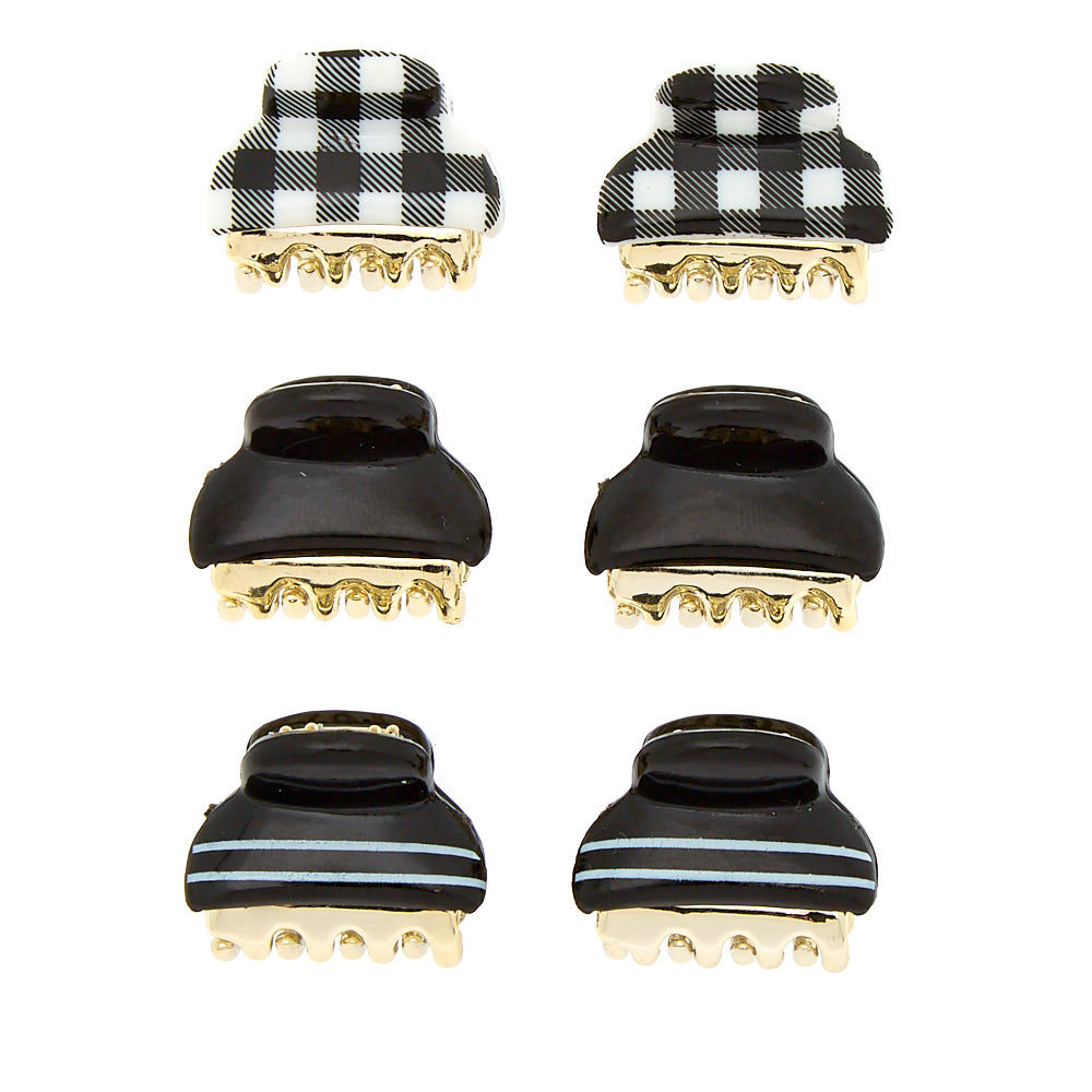 Gingham Stripe Mini Hair Claw - Black, 6 Pack,