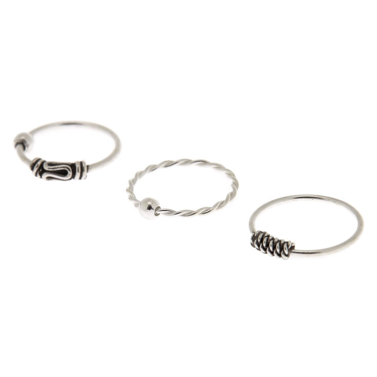 Lot de 3 paires d&rsquo;anneaux de cartilage torsad&eacute;s d&#39;inspiration balin&eacute;enne 22&nbsp;g couleur argent&eacute;,