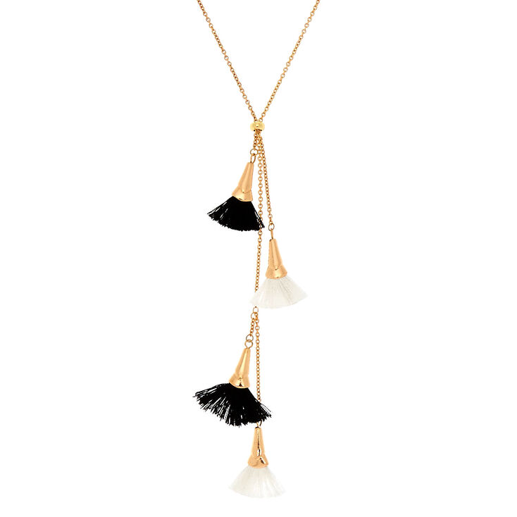 Gold Black &amp; White Tassel Long Necklace,