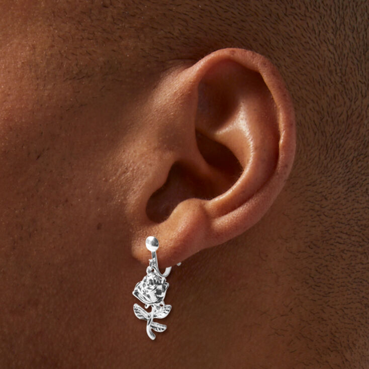 Silver-tone Rose 1&quot; Clip-on Drop Earrings,