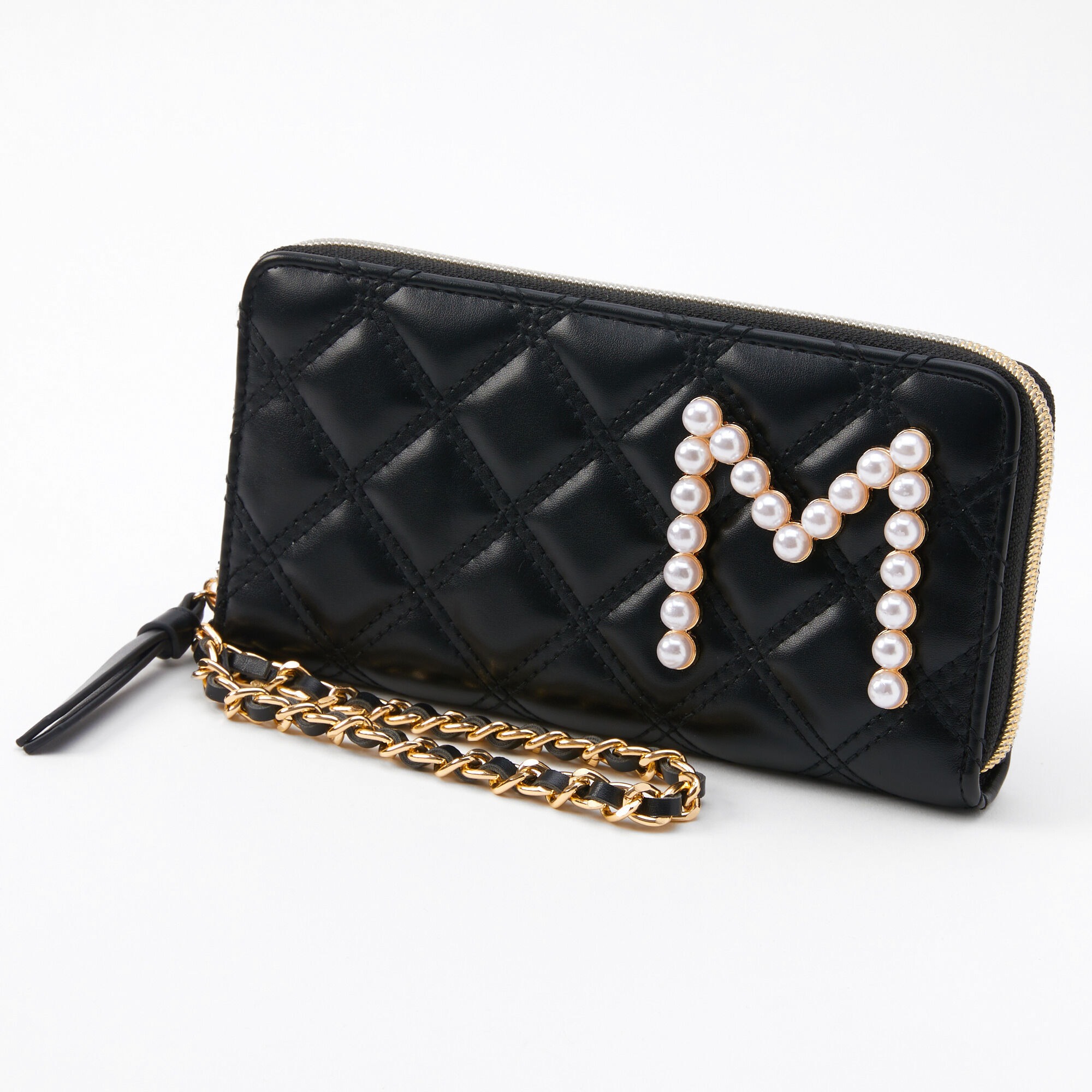 Claire's Pochette poignet à initiale avec perles d’imitation - Noir, M