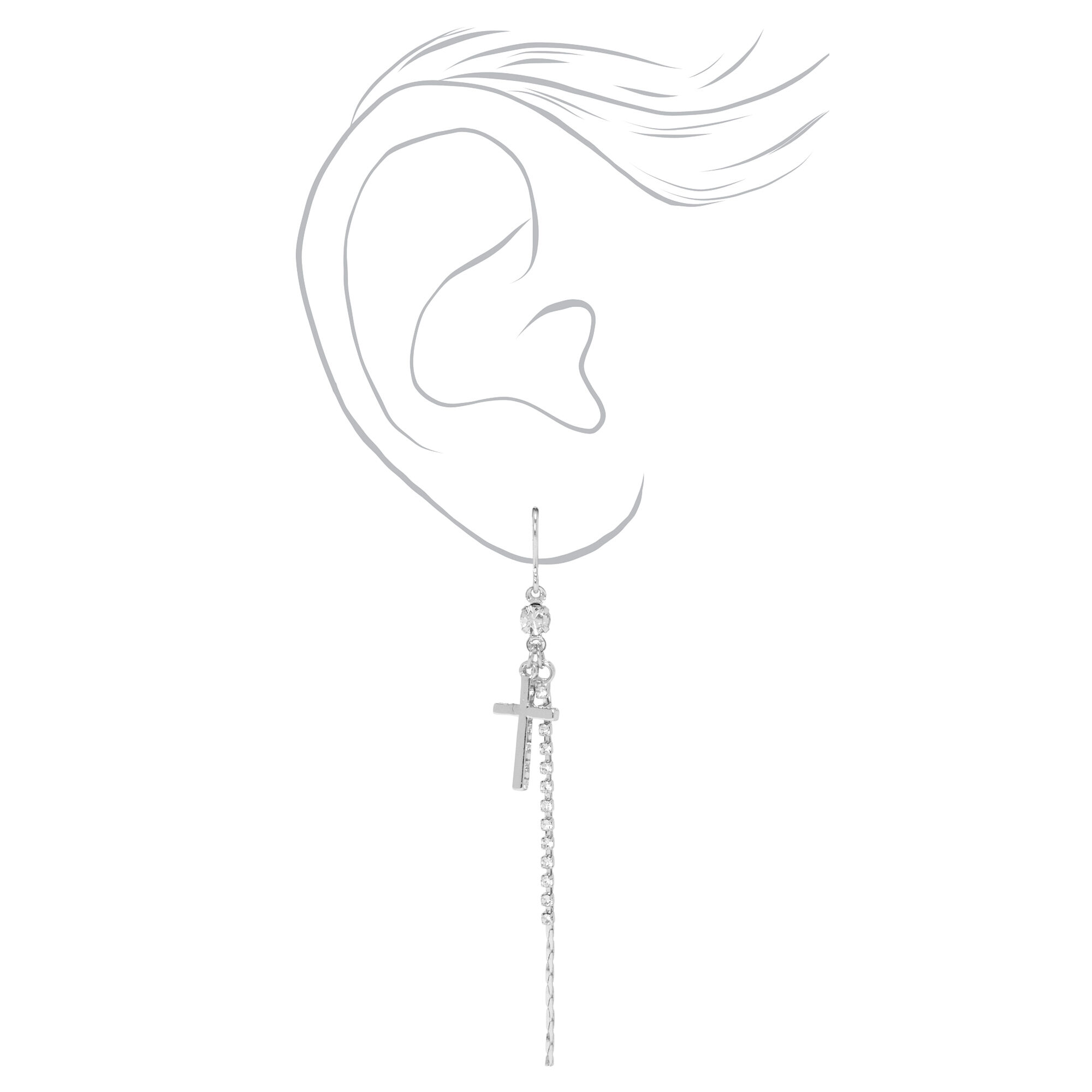 Silver Cross Linear Crystal 3" Drop Earrings,