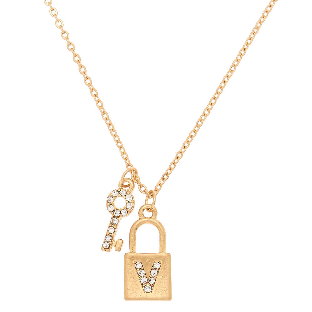 Gold Lock & Key Initial Pendant Necklace - V,