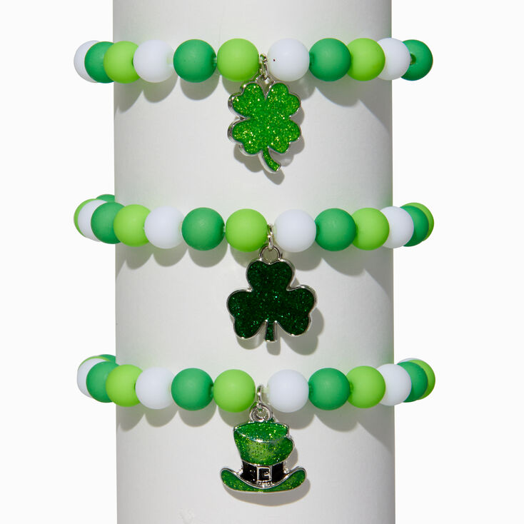 St. Patrick&#39;s Day Beaded Stretch Glitter Charm Bracelets - 3 Pack,