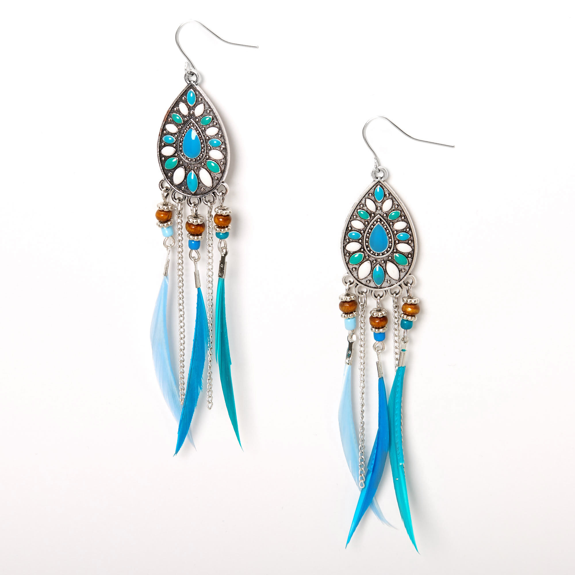 View Claires Silver 4 Boho Feather Drop Earrings Blue information
